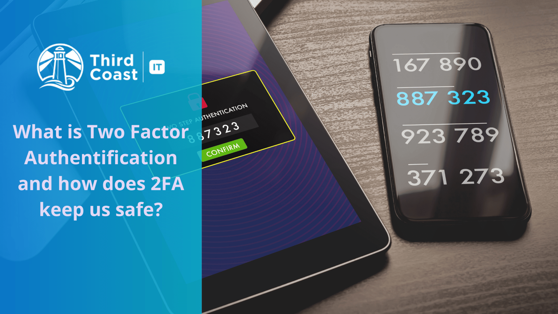 Text reads: what is two factor authentication and why is 2fa important to keep you safe? Image is a cellphone showing a 2Fa code