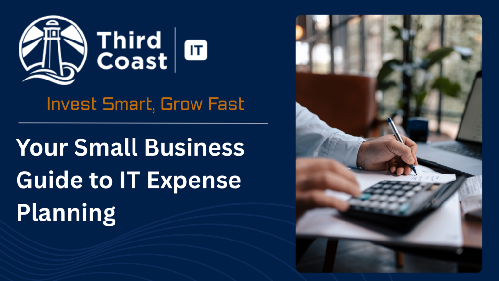 Third Coast IT Guide to IT Expense Planning, man with calculator and laptop