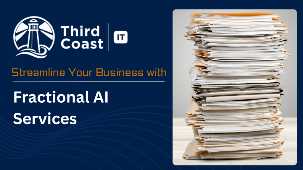 Streamline Your Business with Fractional AI Services Image with a tall stack of paper