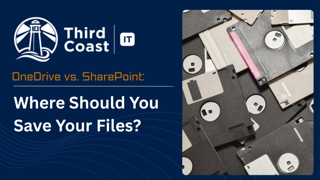 OneDrive Vs SharePoint with an image of old floppy discs stacked up